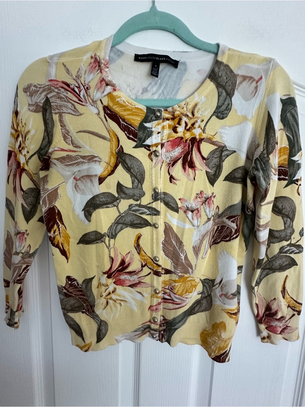 White House Black Market Yellow Floral Button Cardigan